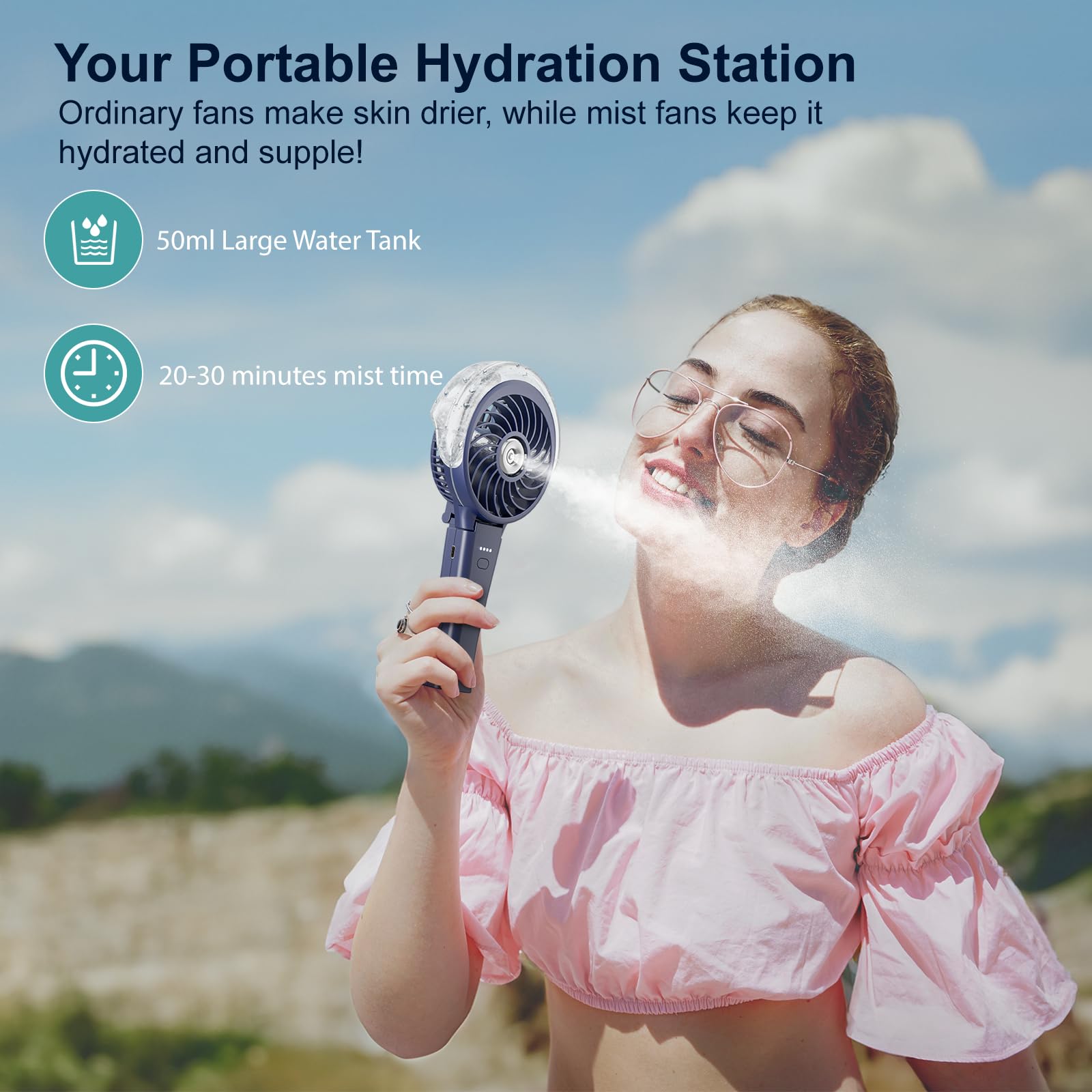 HandFan plegado junto a mano para mostrar tamaño compacto portátil