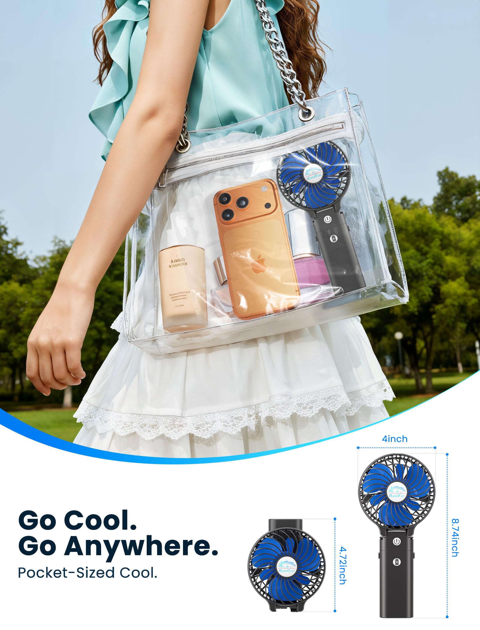 HandFan next to smartphone showing size comparison and travel convenience benefit