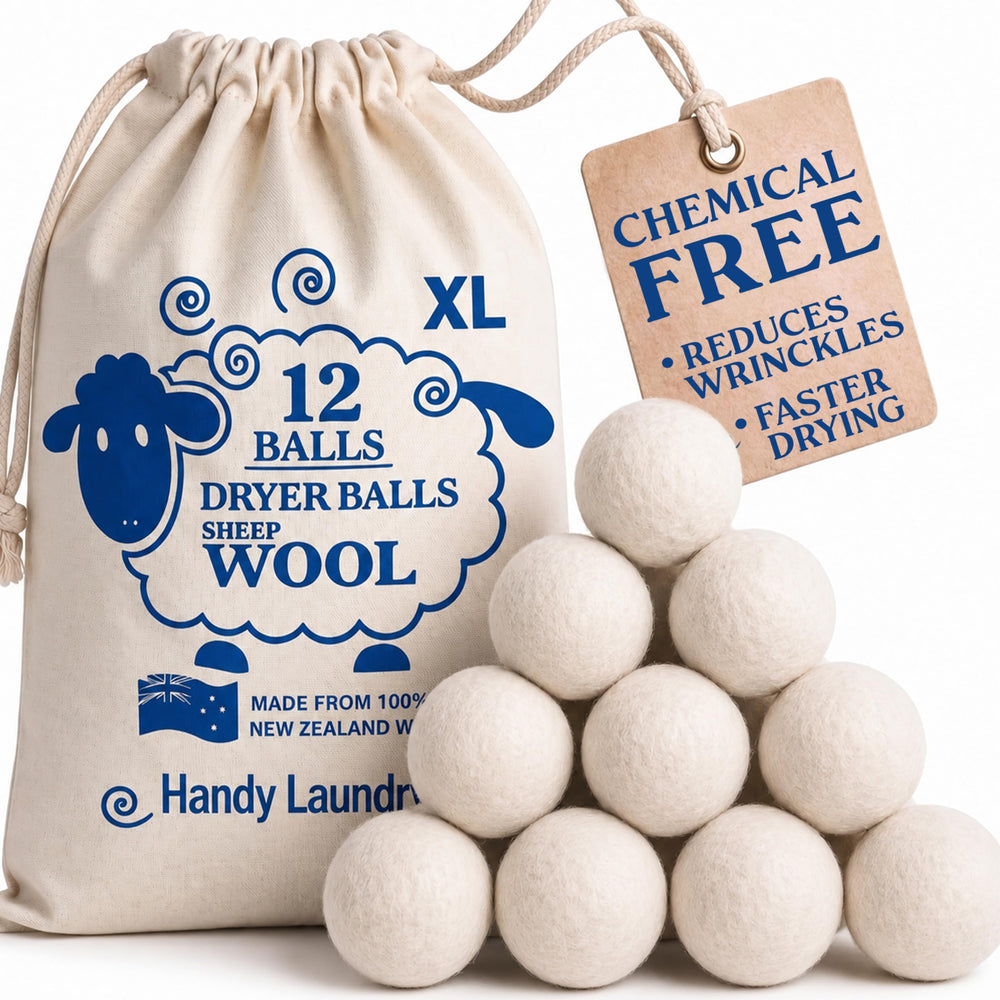Handy Laundry paquete frontal mostrando 12 bolas y beneficio ahorro