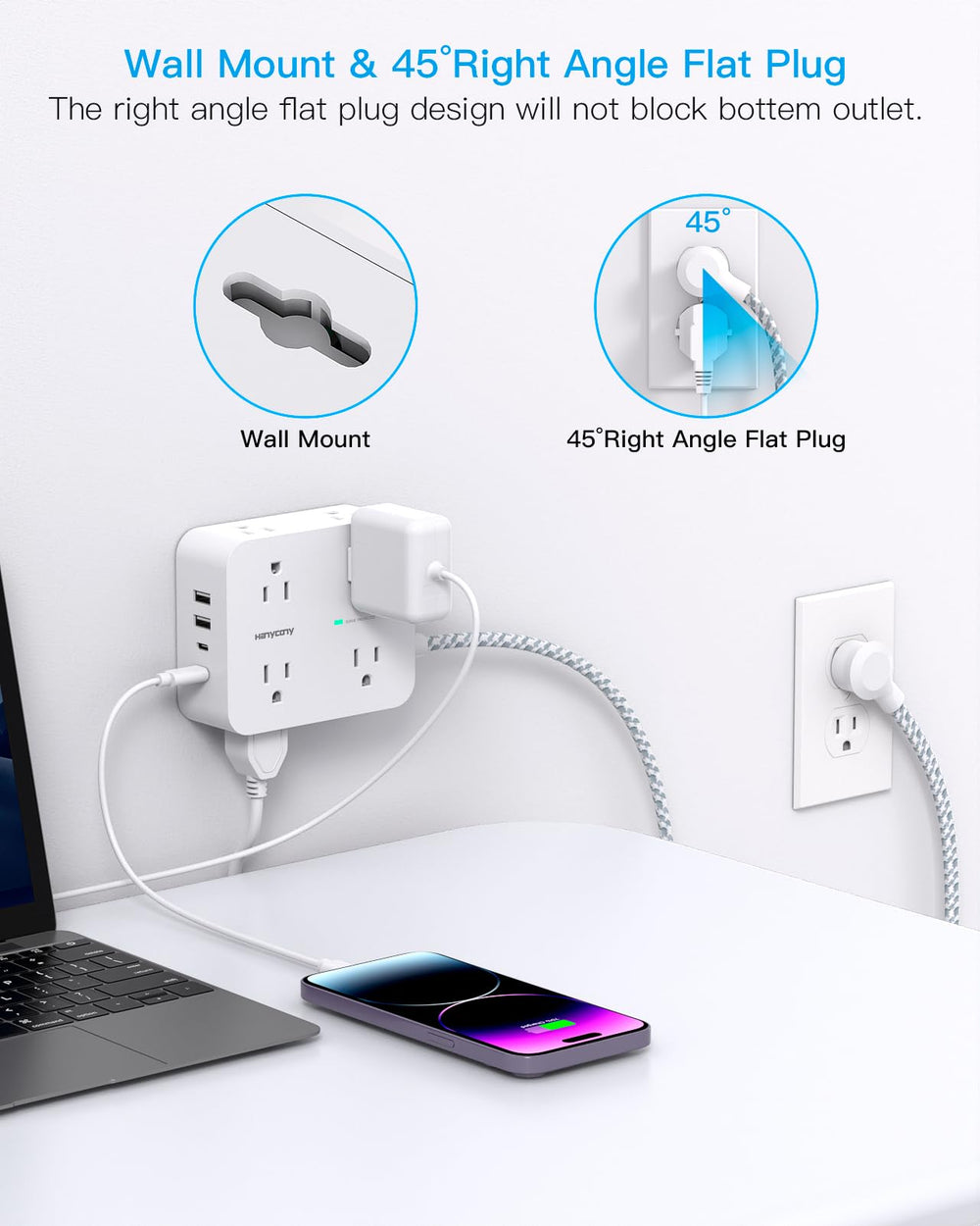 HANYCONY regleta en escritorio con laptop y móviles, estación de carga ordenada