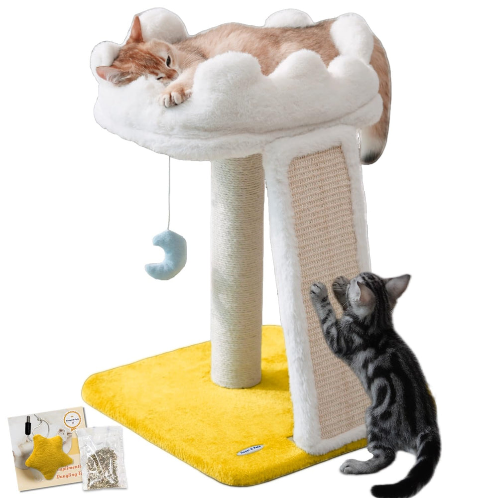 Happi N Pets frente de la torre nube mostrando cama y poste, ideal para descanso
