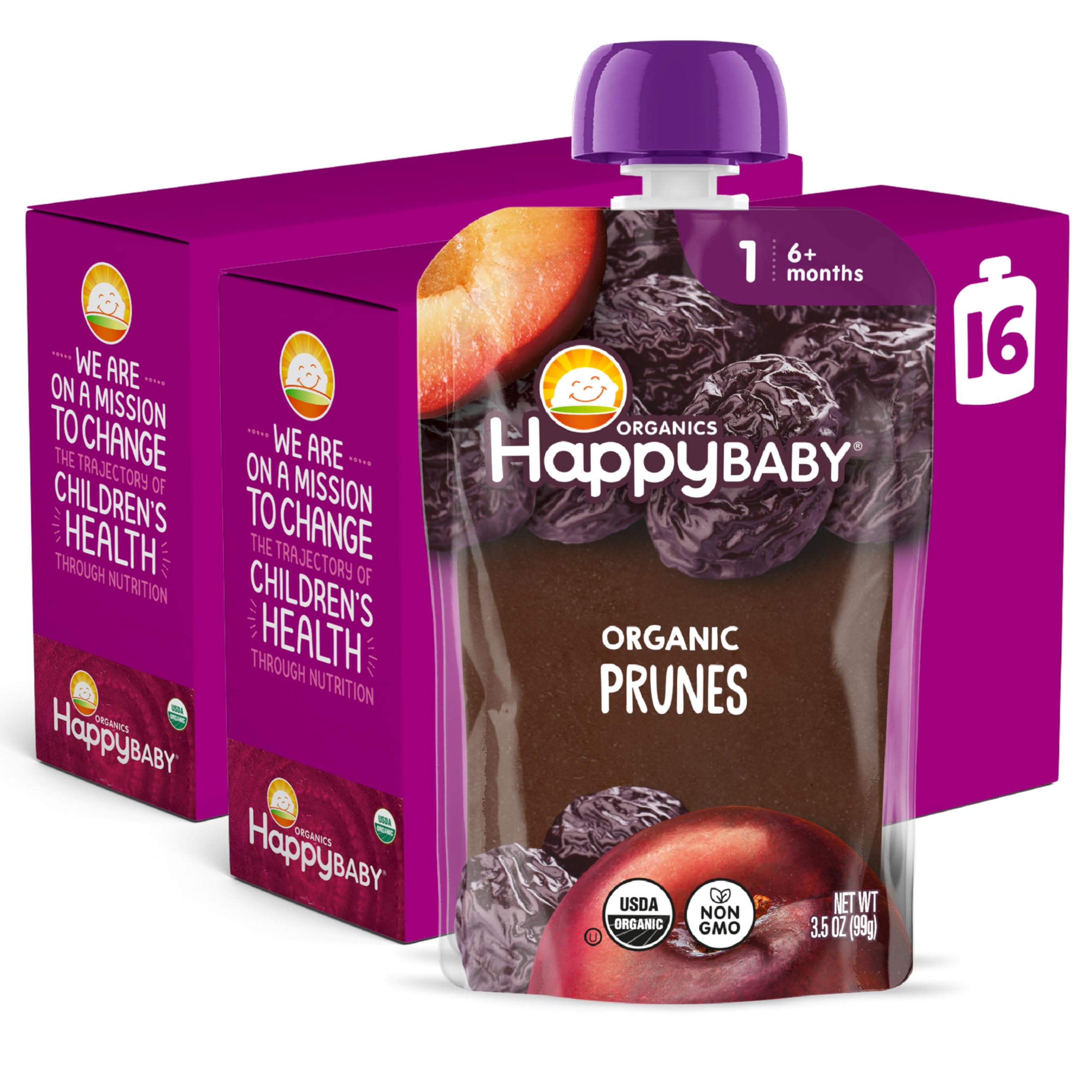 Happy Baby empaque frontal con ciruelas mostrando transparencia