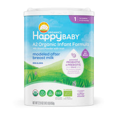 Happy Baby frasco frontal mostrando la fórmula orgánica y confianza