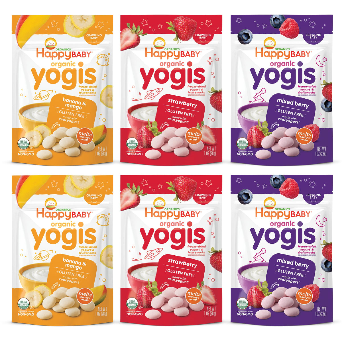 Happy Baby front packaging showing variety pack and organic badge for easy recognition