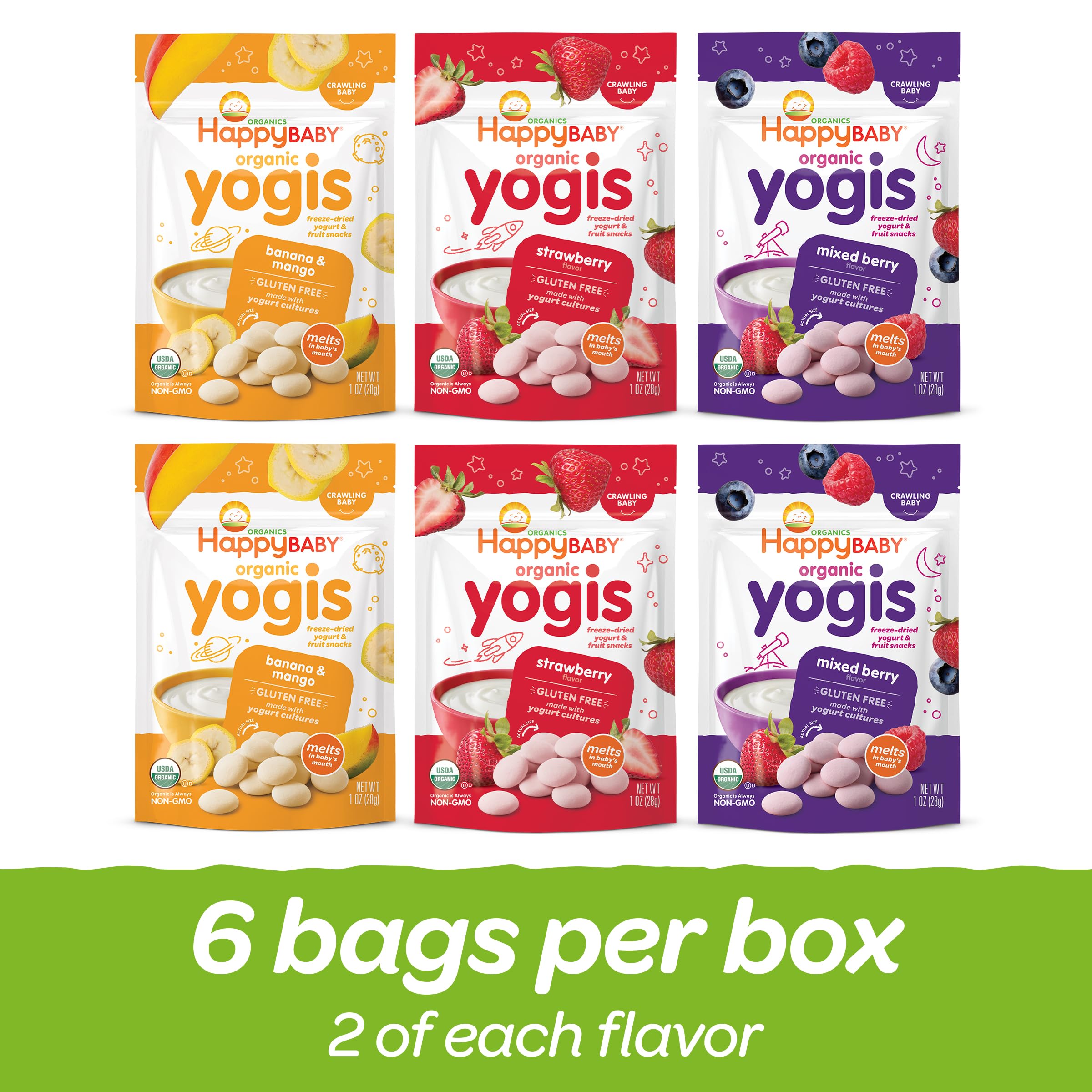 Happy Baby open resealable bag displaying lightweight yogurt fruit melts for portability