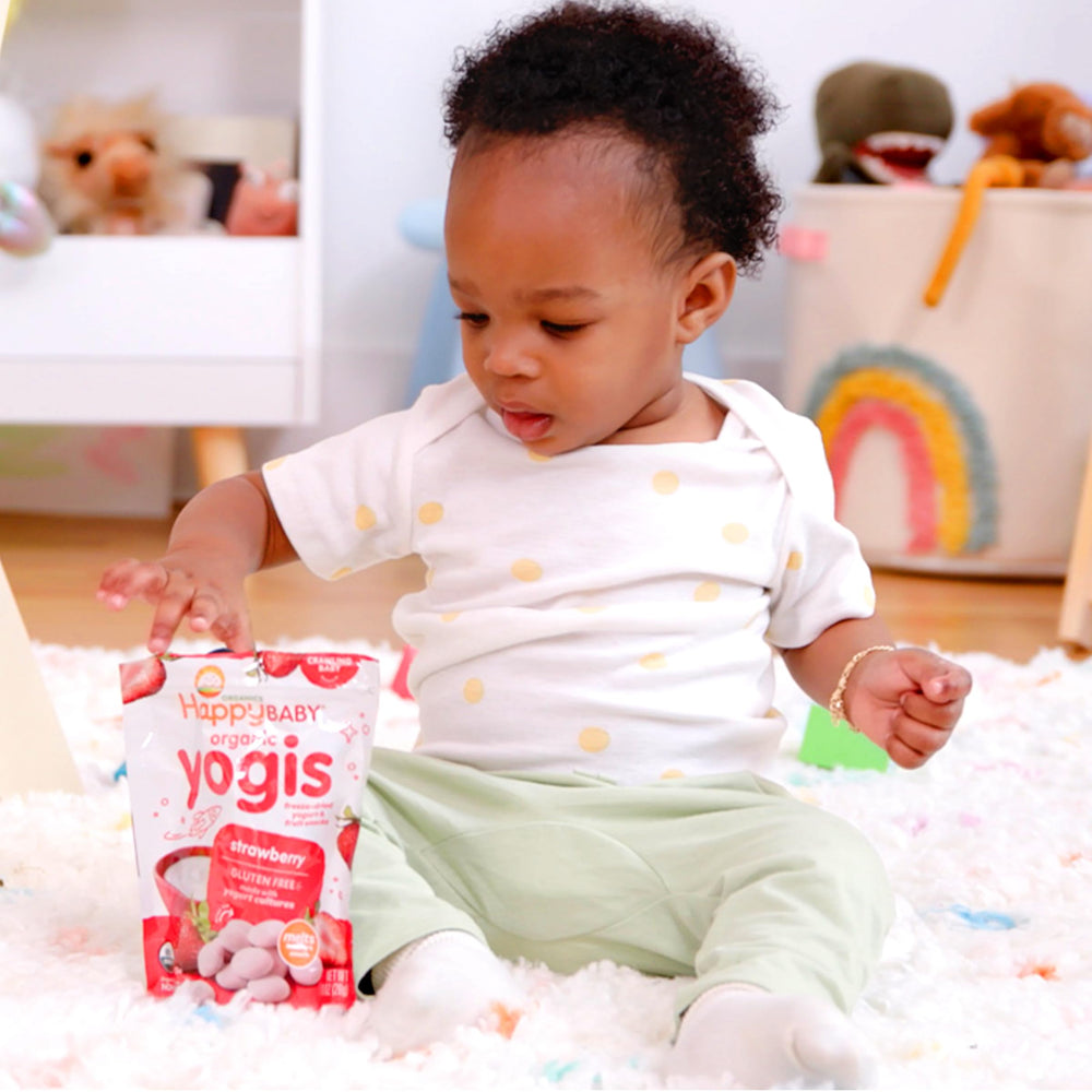 Small serving of Happy Baby Yogis on plate to show snack portion and presentation