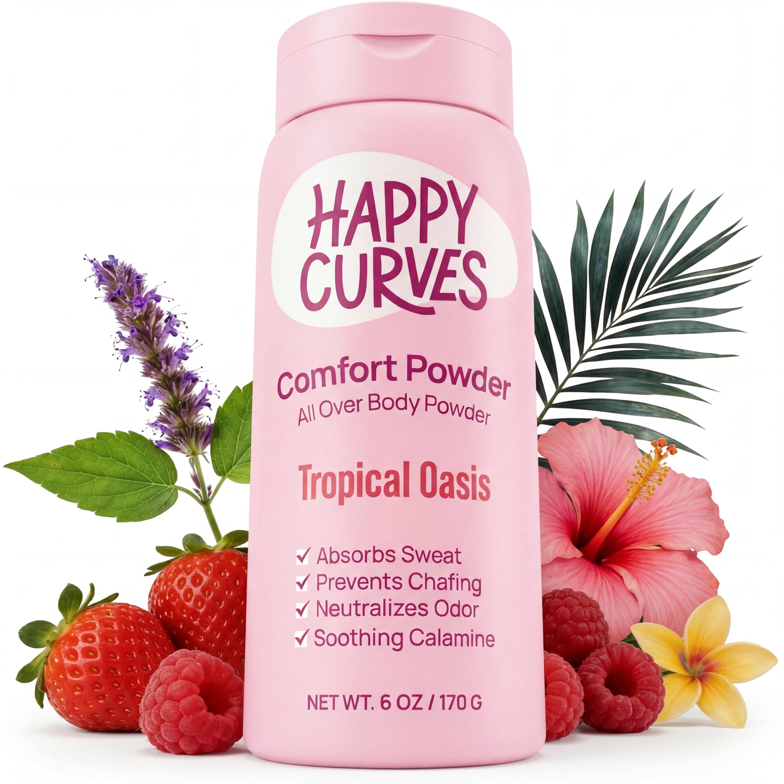 HAPPY CURVES envase frontal Tropical Oasis mostrando diseño y beneficio de frescura