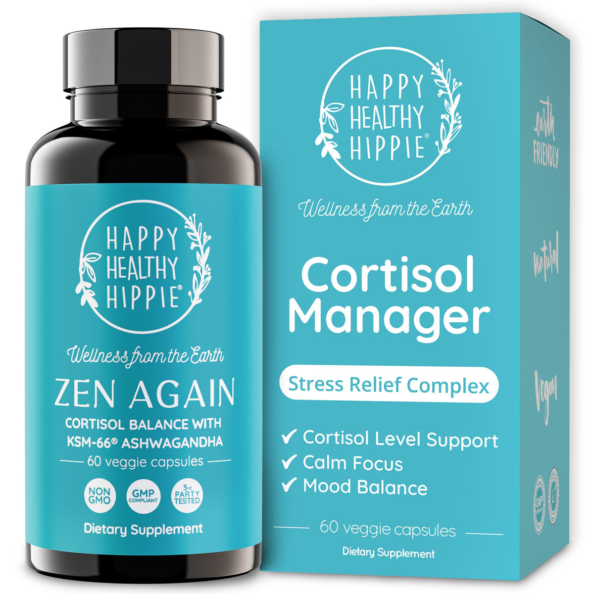 Happy Healthy Hippie botella frontal mostrando etiqueta y beneficio calma