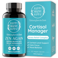 Happy Healthy Hippie botella frontal mostrando etiqueta y beneficio calma