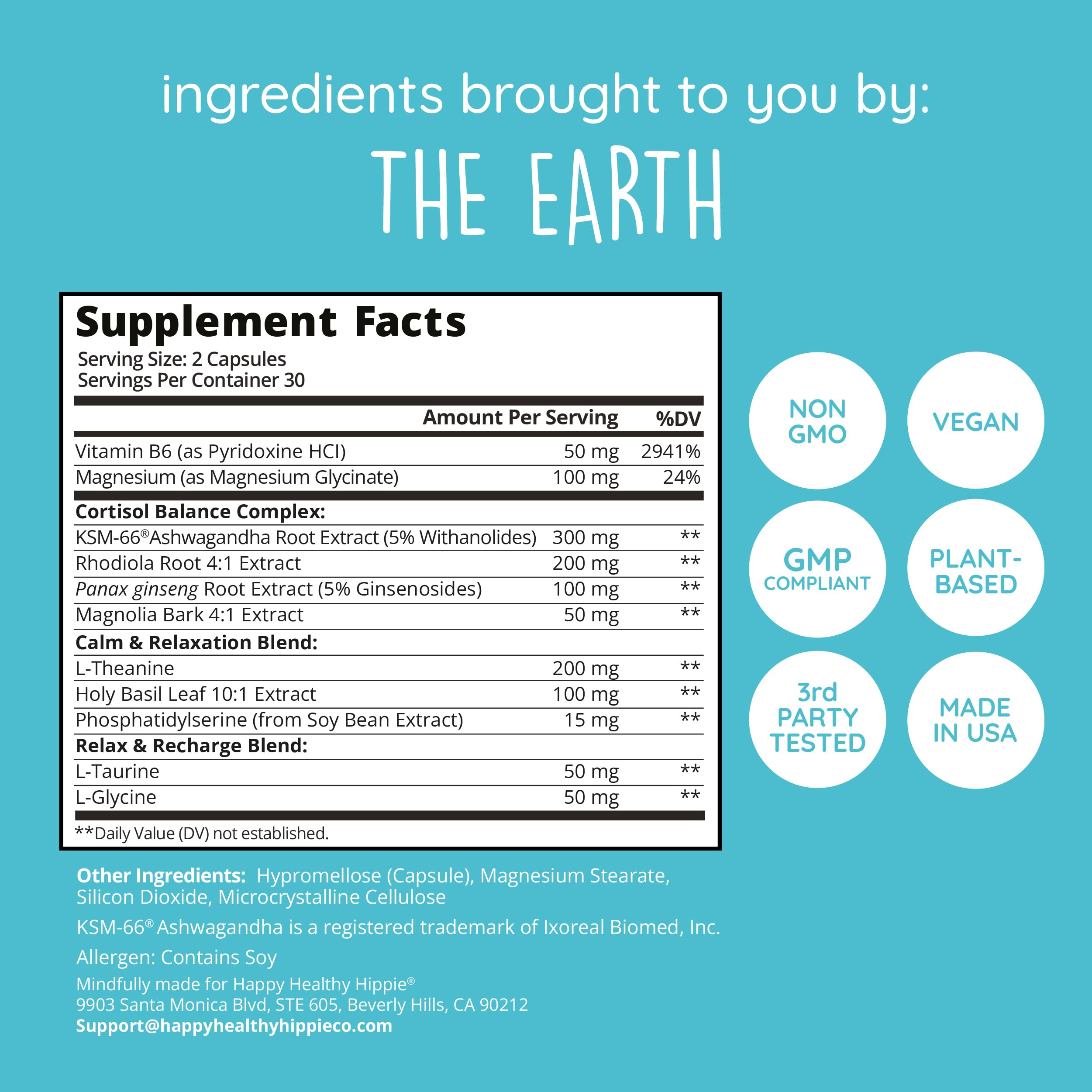 Happy Healthy Hippie ingredientes activos como ashwagandha y rhodiola
