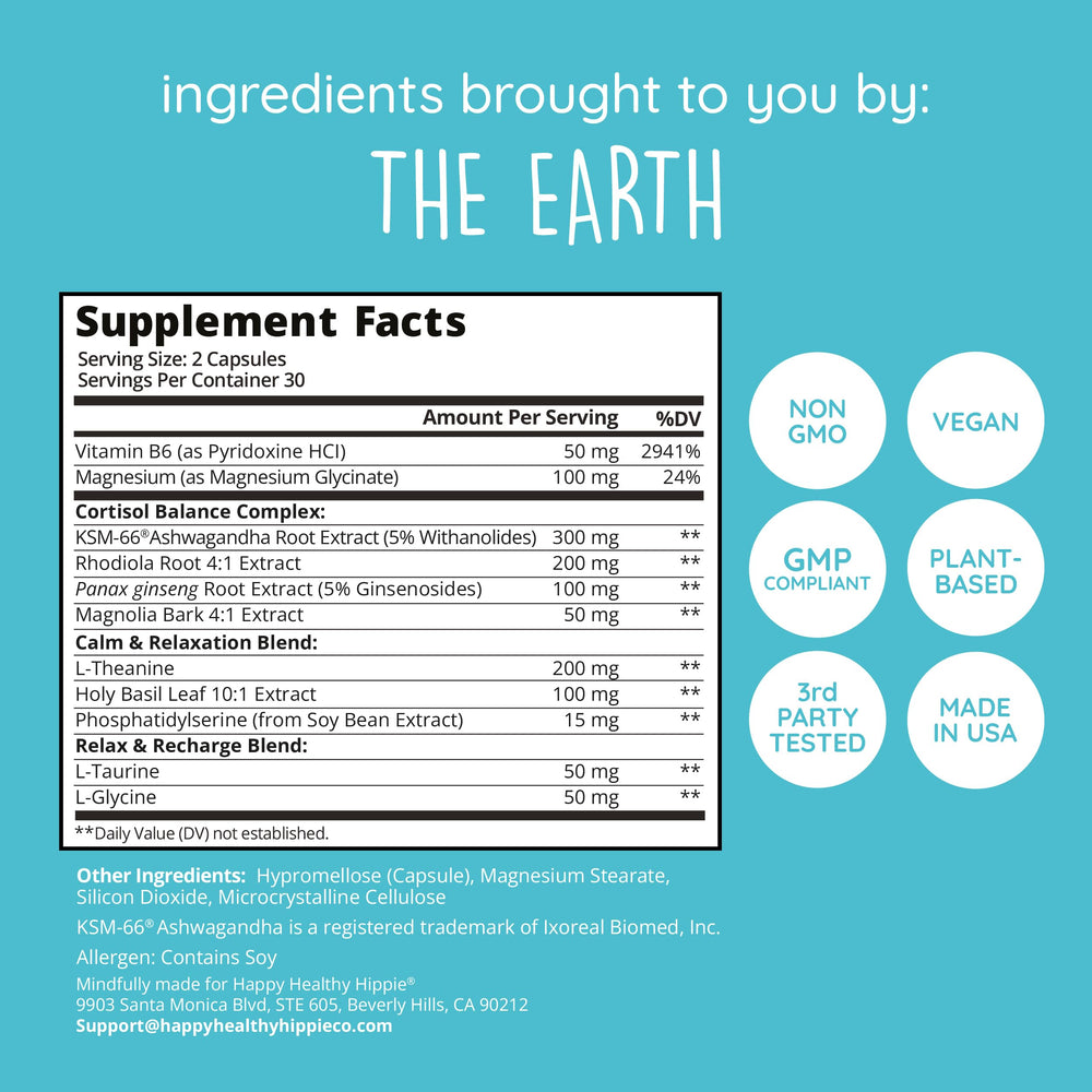 Happy Healthy Hippie ingredientes activos como ashwagandha y rhodiola