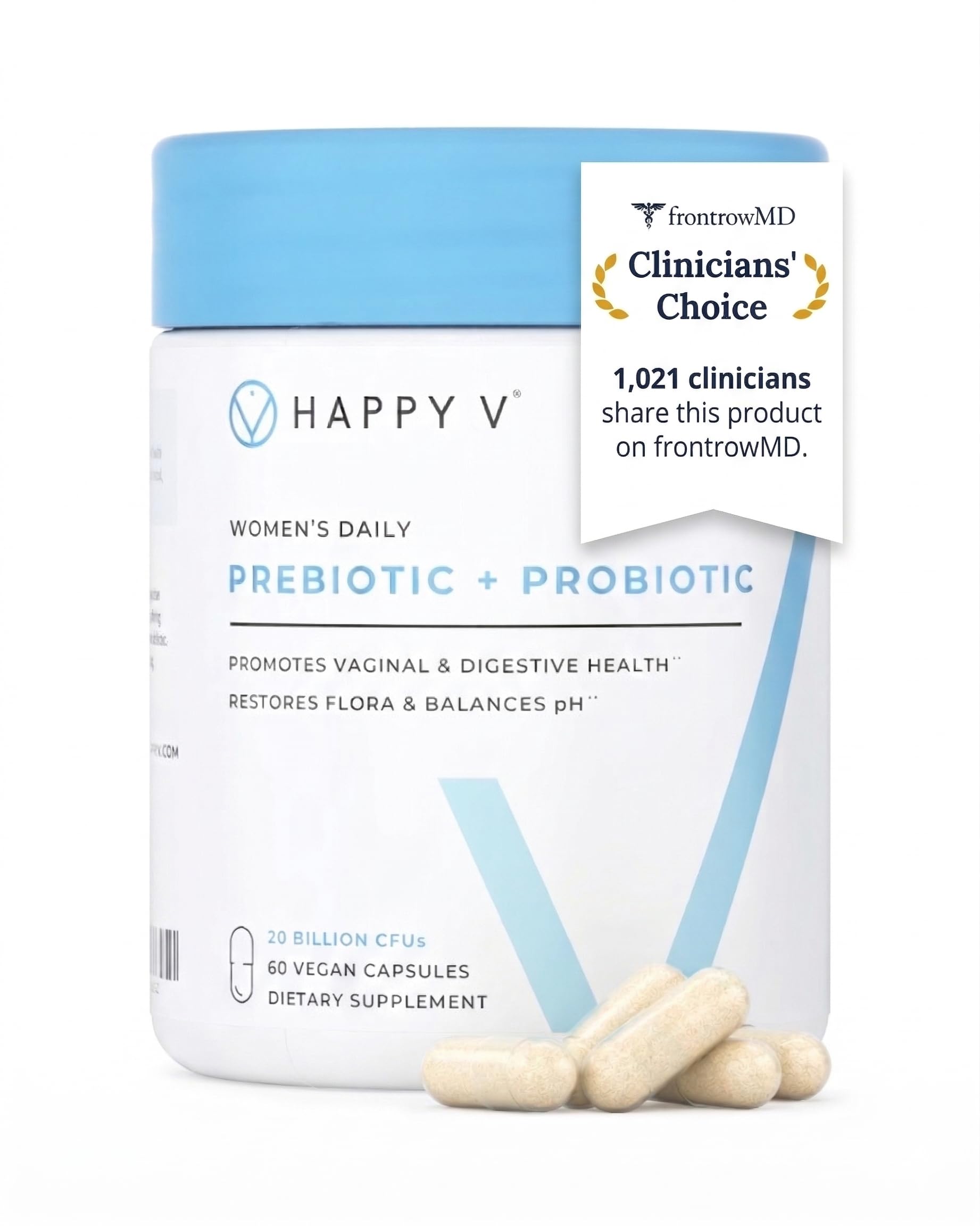 Happy V front packaging showing bottle and branding for clear product recognition and trust