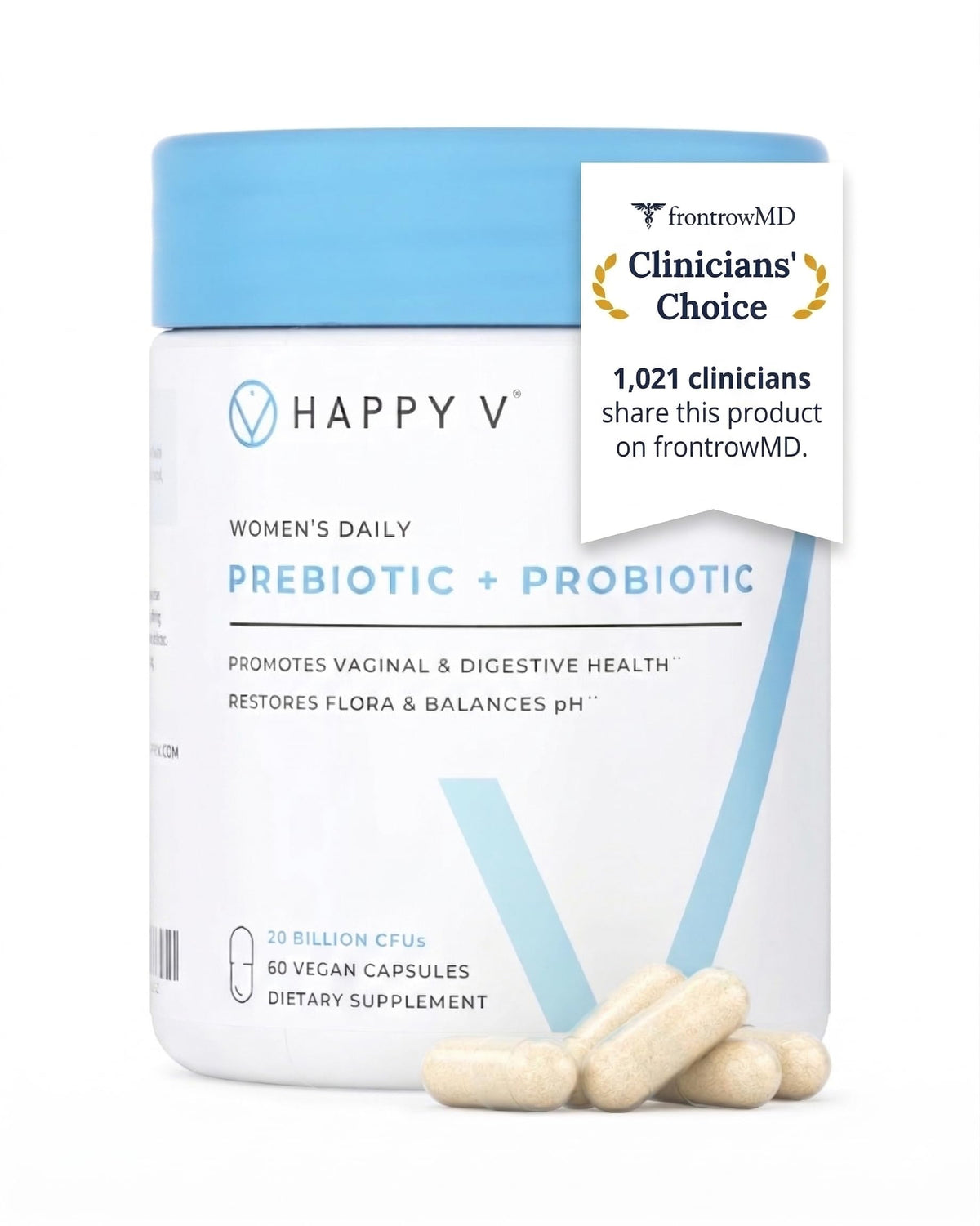 Happy V front packaging showing bottle and branding for clear product recognition and trust