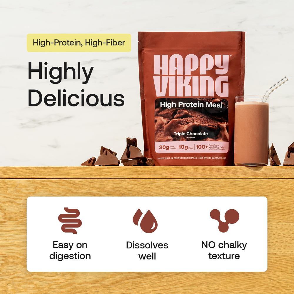 Happy Viking scoop of chocolate protein powder ready to measure serving