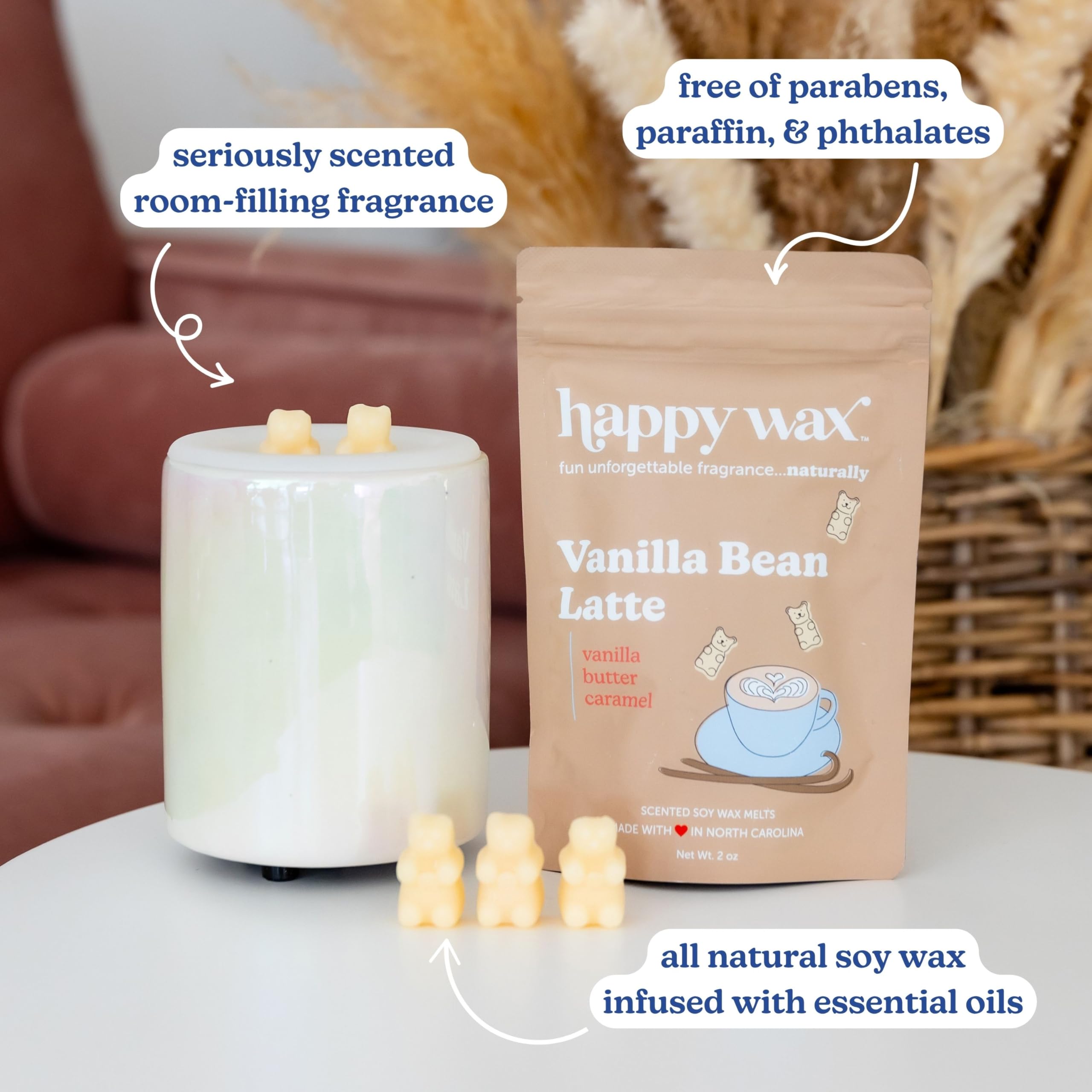 Happy Wax trio de wax melts en calentador eléctrico demostrando uso seguro y aroma constante