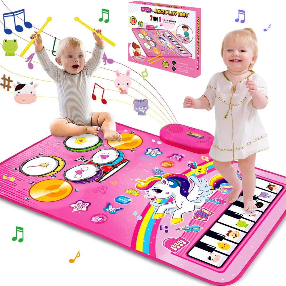Hapyland alfombra musical frontal mostrando teclas e instrumentos, diversión educativa