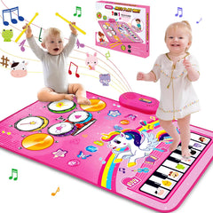 Hapyland alfombra musical frontal mostrando teclas e instrumentos, diversión educativa