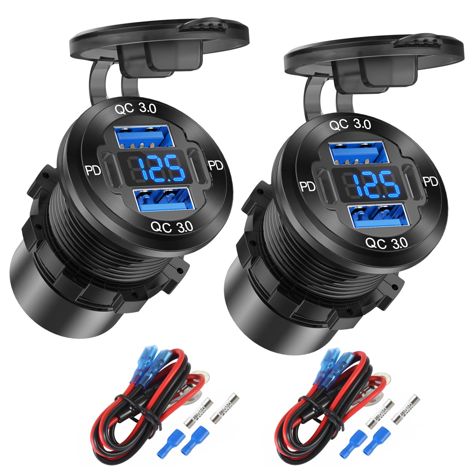 Hapytrip frontal paquete doble mostrando las cuatro tomas y voltímetro, facilita recargas múltiples