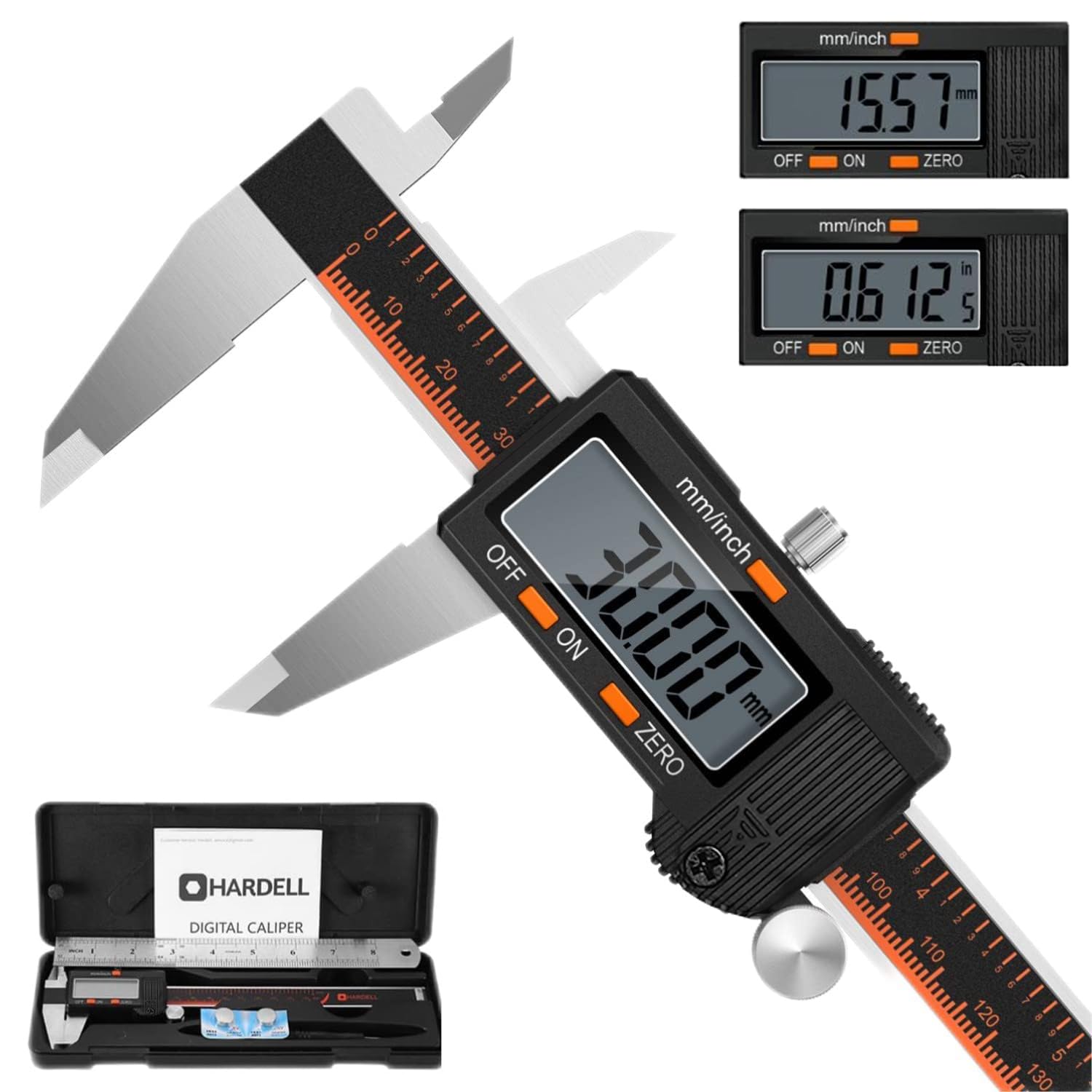 HARDELL calibrador digital frontal mostrando pantalla grande y carcasa de acero brillante