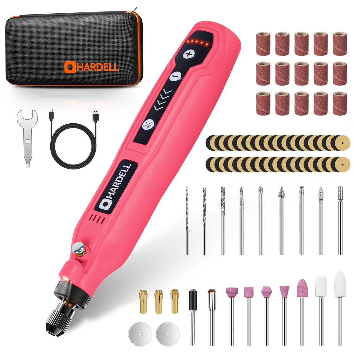 HARDELL vista frontal del kit rosa mostrando caja y accesorios, ideal para proyectos finos
