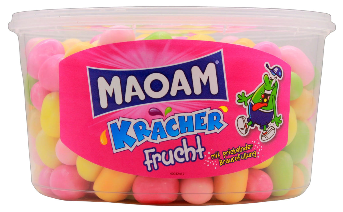 Haribo Maoam tub front view showing 265-piece supply and clear lid for easy access