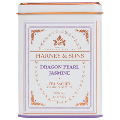 Harney & Sons lata frontal del Dragon Pearl Jasmine mostrando diseño y conservación