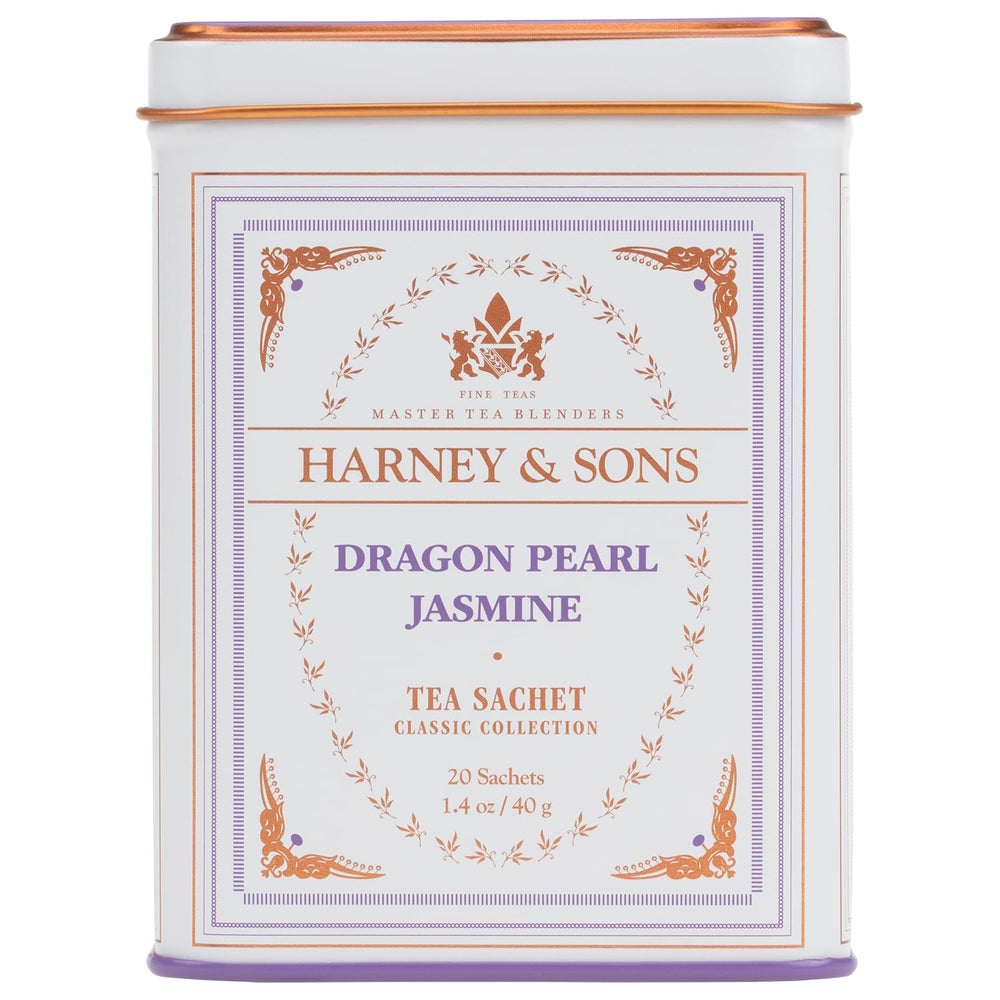 Harney & Sons lata frontal del Dragon Pearl Jasmine mostrando diseño y conservación