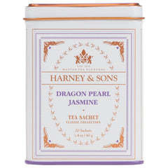 Harney & Sons lata frontal del Dragon Pearl Jasmine mostrando diseño y conservación