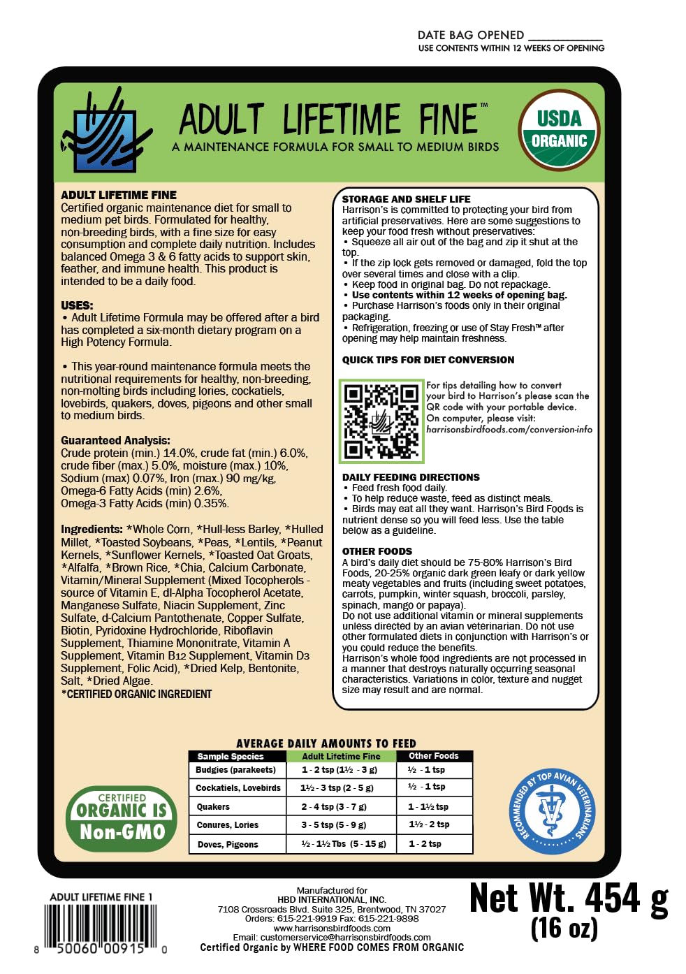 Harrison's Bird Foods detalle de etiqueta con certificación orgánica visible