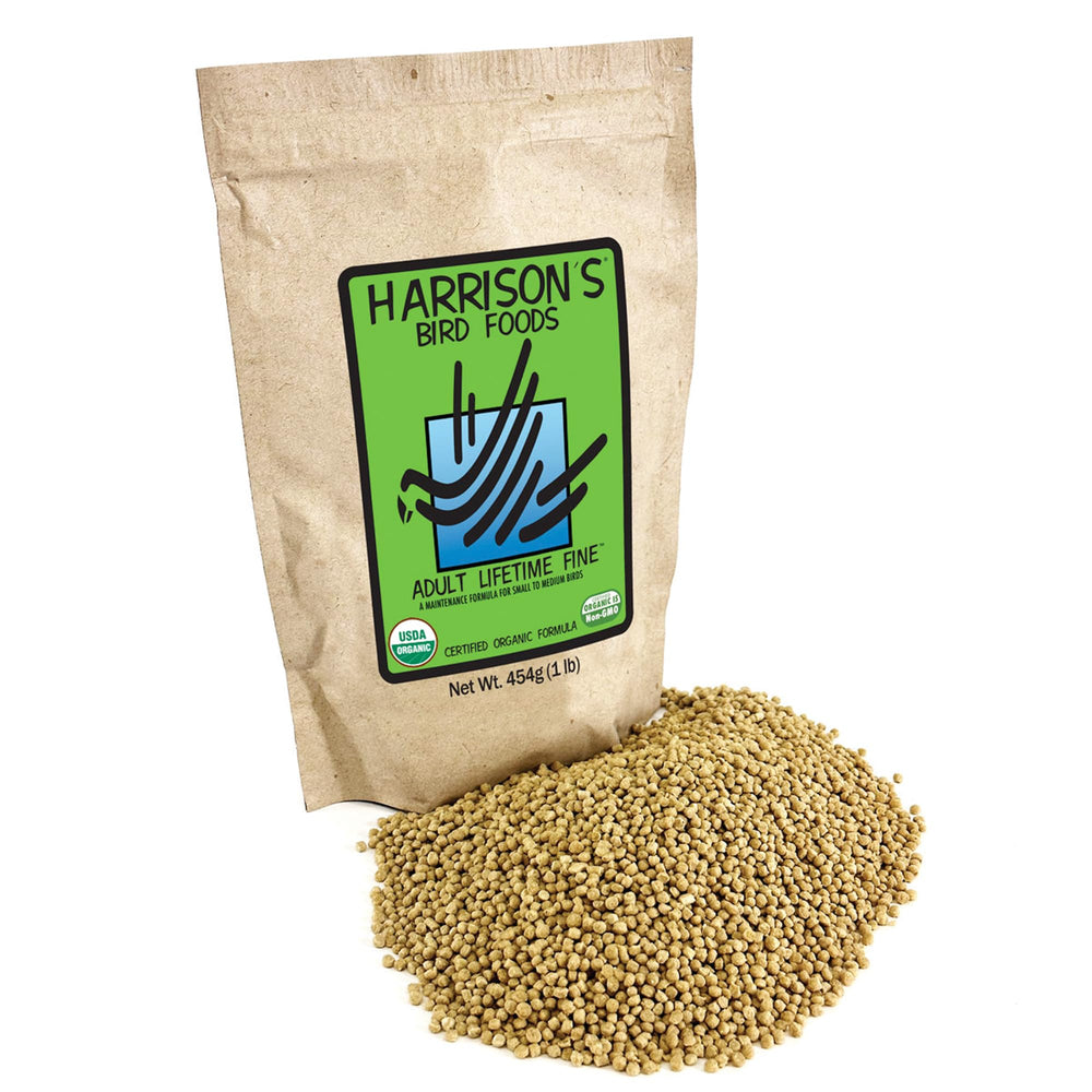 Harrison's Bird Foods paquete frontal 1 lb mostrando etiqueta clara y beneficios