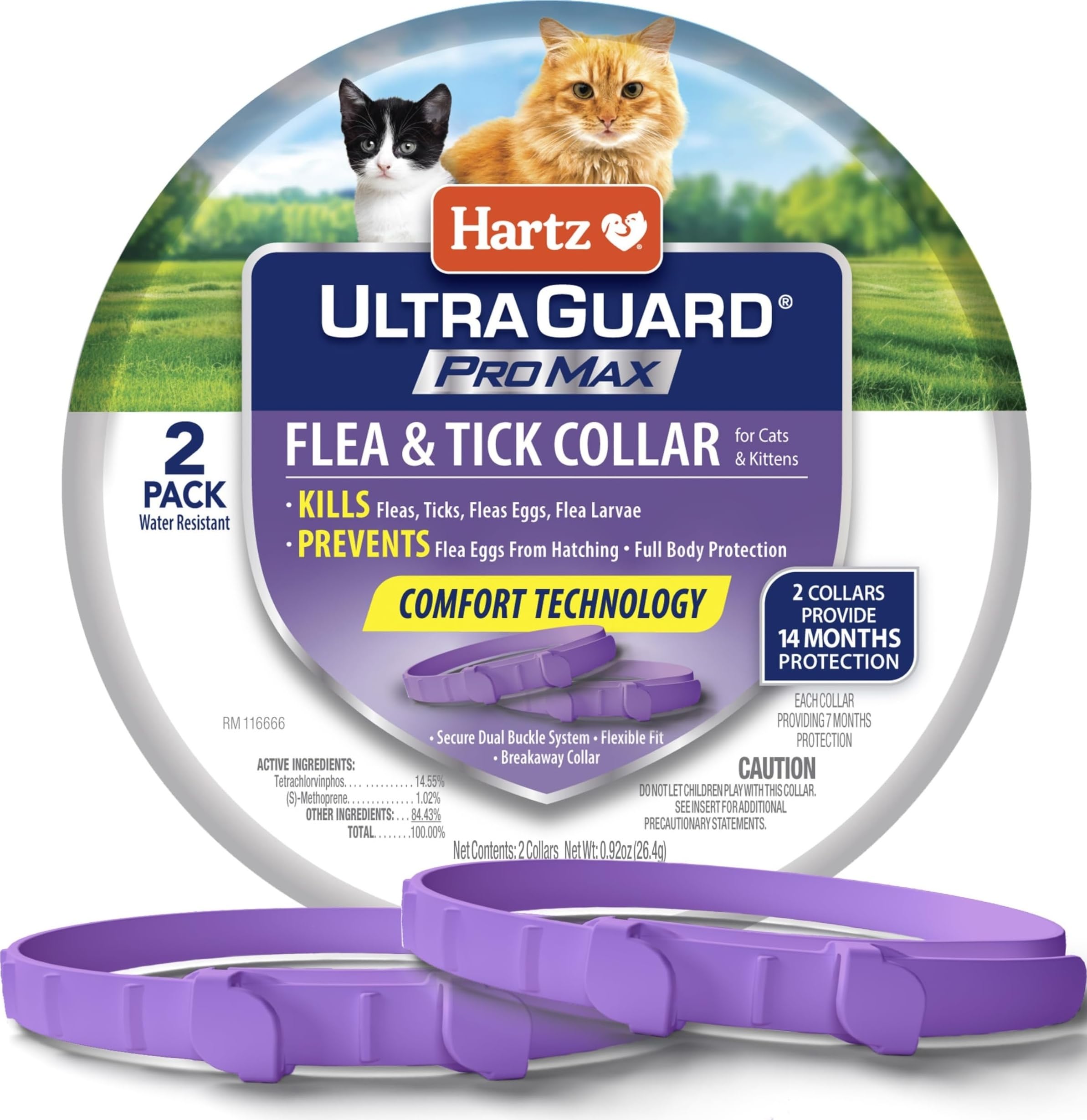 Hartz collar antipulgas frontal con empaque que muestra protección prolongada