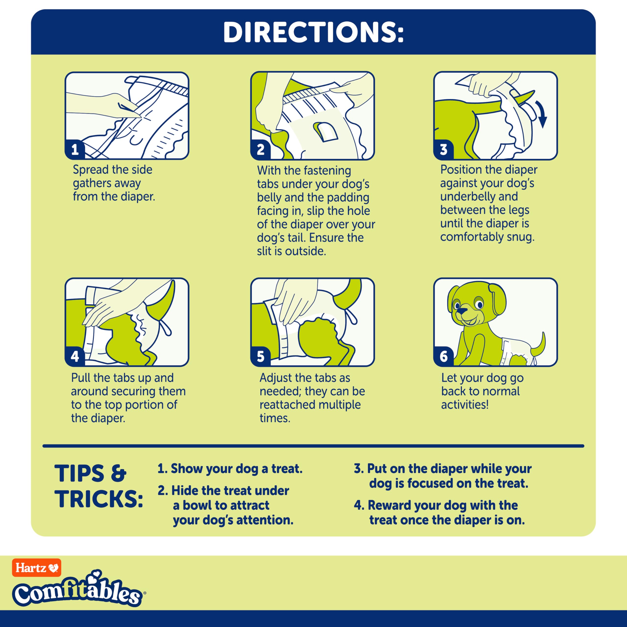 Open box of Hartz Comfitables displaying multiple diapers for easy replacement and storage