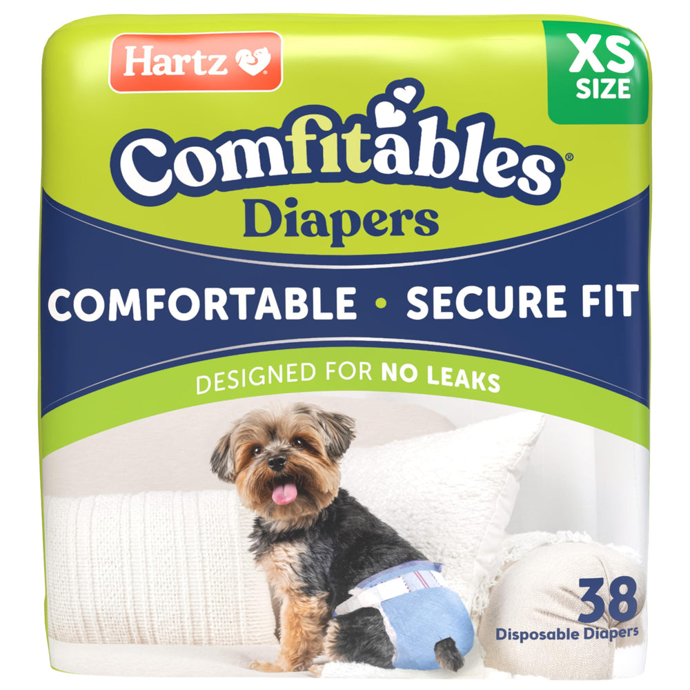 Hartz Comfitables pack front showing size XS and 38 count for clear identification and convenience