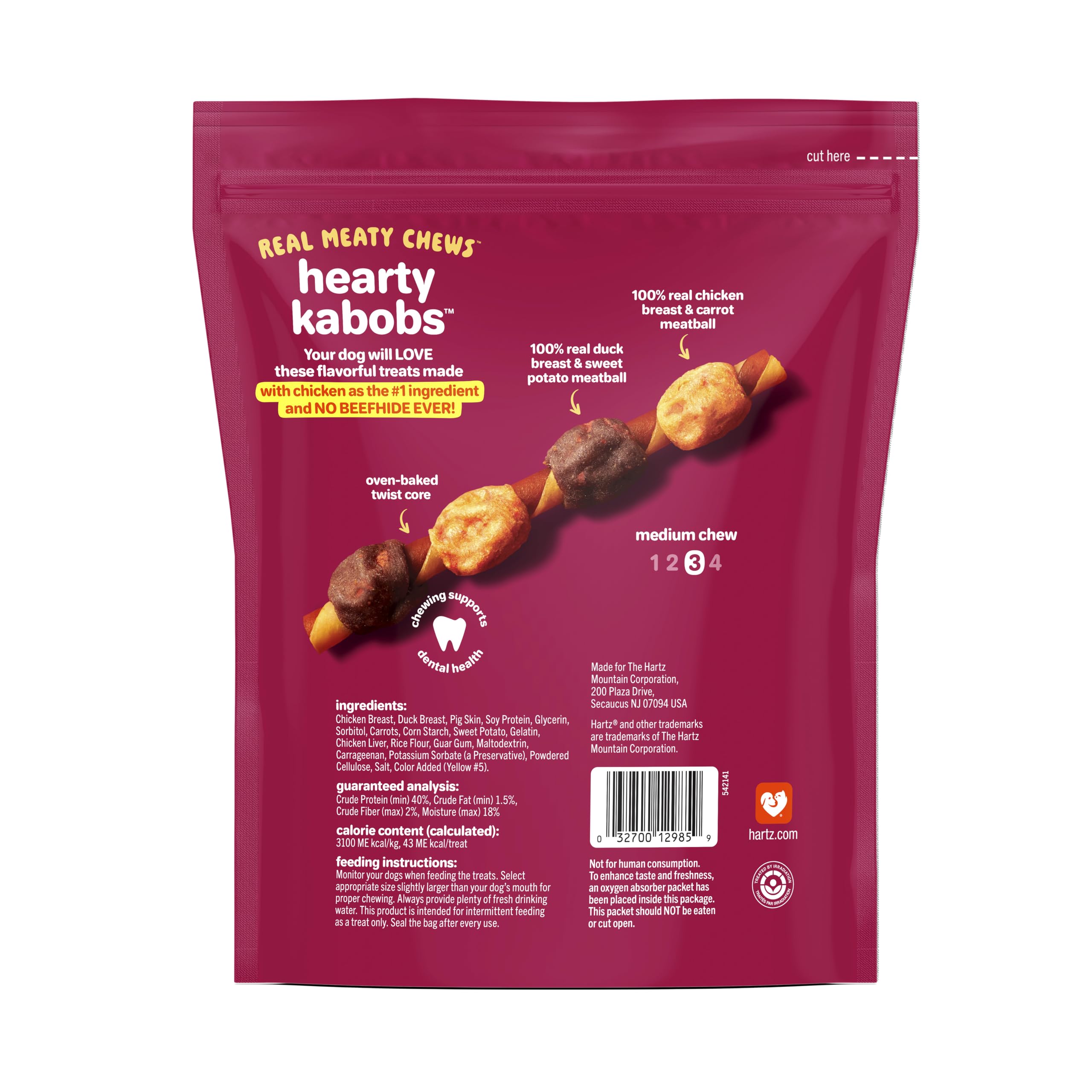 Hartz Oinkies varios kabobs desplegados mostrando formato y porciones