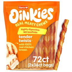 Hartz Oinkies frente del paquete mostrando 72 unidades y beneficios de premio