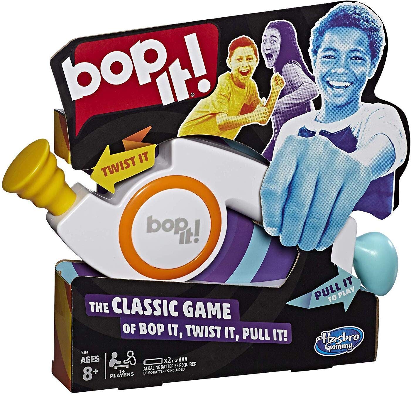 Hasbro Bop It frontal del dispositivo mostrando botones y formas, promueve reacciones rápidas