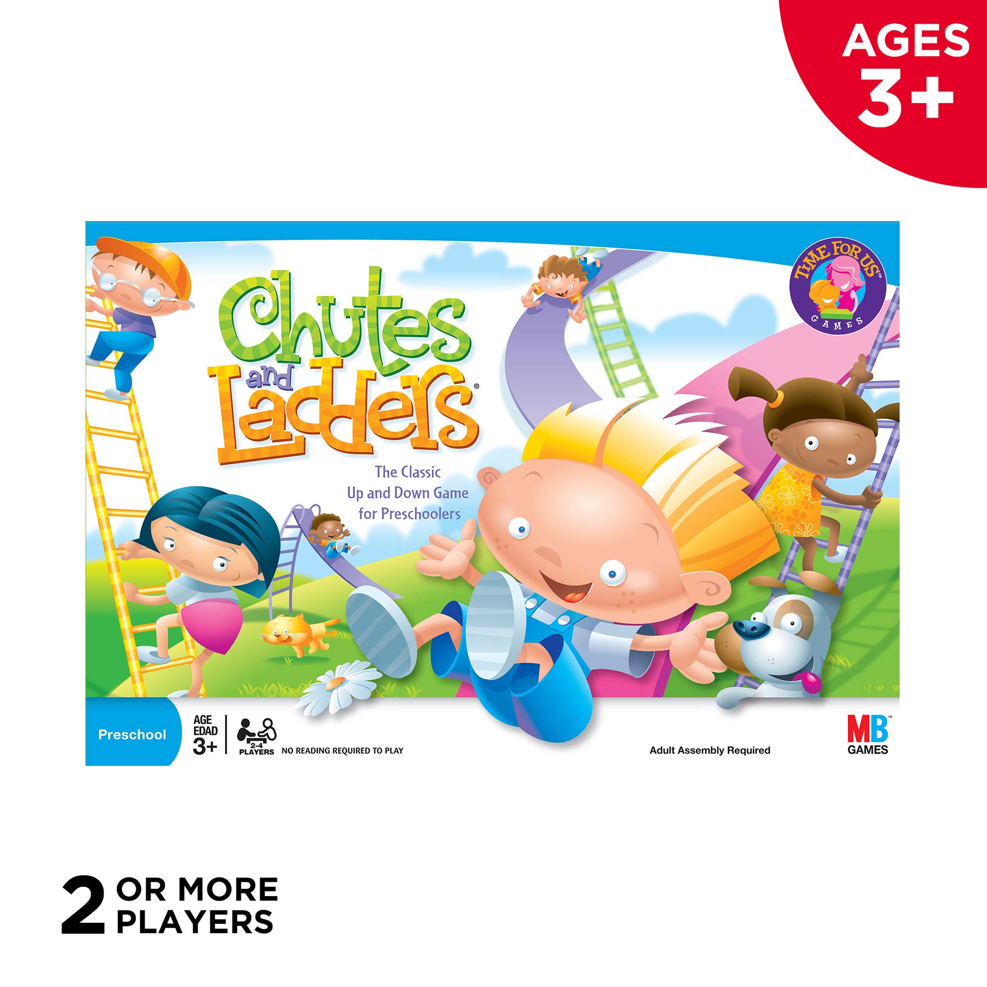 Hasbro Chutes and Ladders niños jugando, promueve interacción familiar y aprendizaje