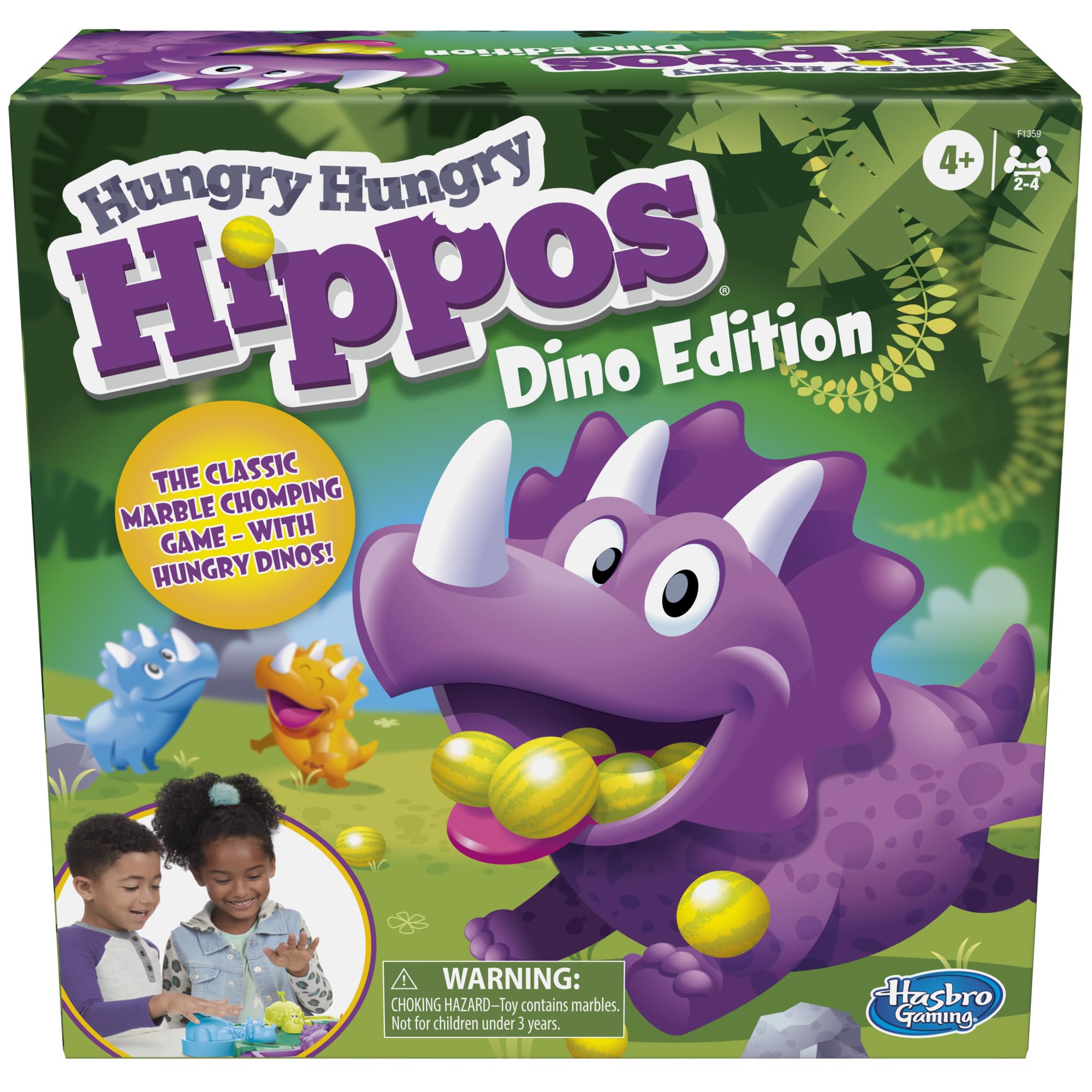 Hasbro dino frontal del juego mostrando cuatro dinosaurios coloridos y divertido diseño