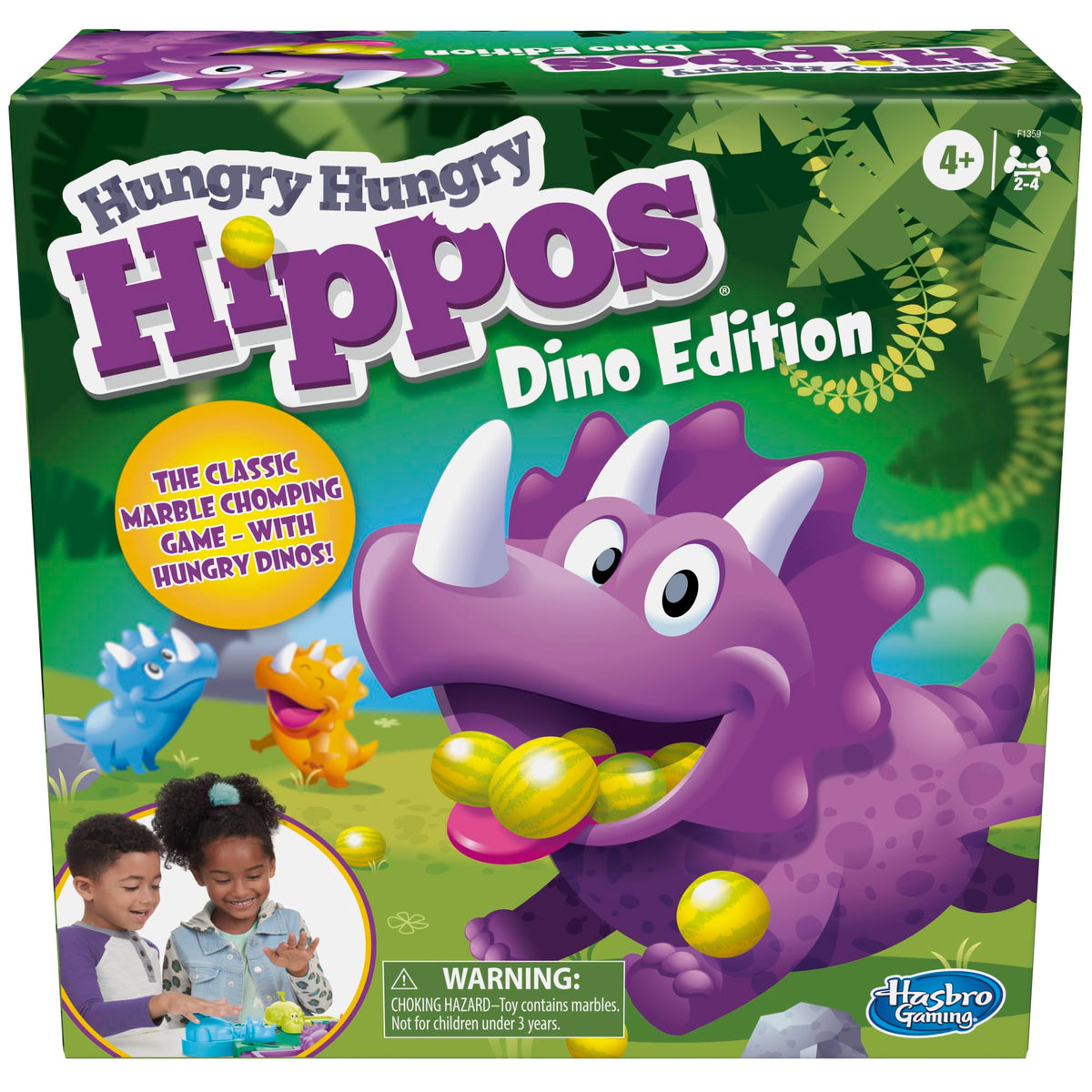 Hasbro dino frontal del juego mostrando cuatro dinosaurios coloridos y divertido diseño