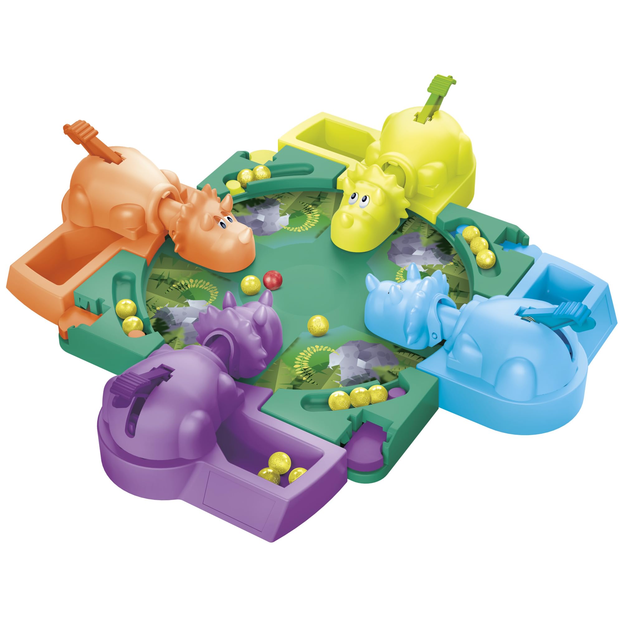 Hasbro dino partida en acción con niños accionando palancas y risas compartidas