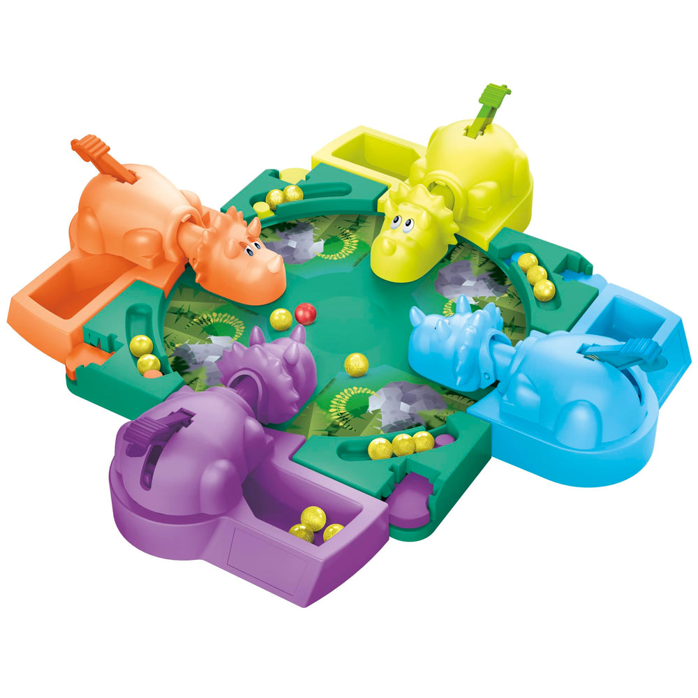 Hasbro dino partida en acción con niños accionando palancas y risas compartidas