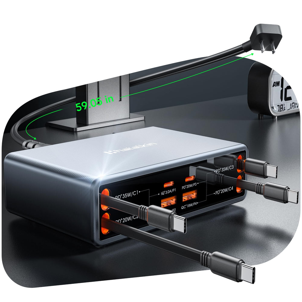 HATALKIN front view of charger dock showing neat organized ports and compact design benefit