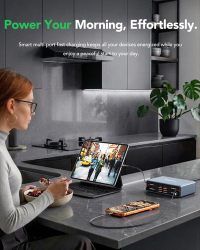 HATALKIN extended retractable cables in use delivering tidy reach for multiple devices