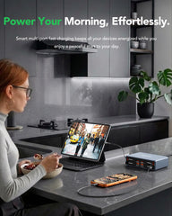 HATALKIN extended retractable cables in use delivering tidy reach for multiple devices