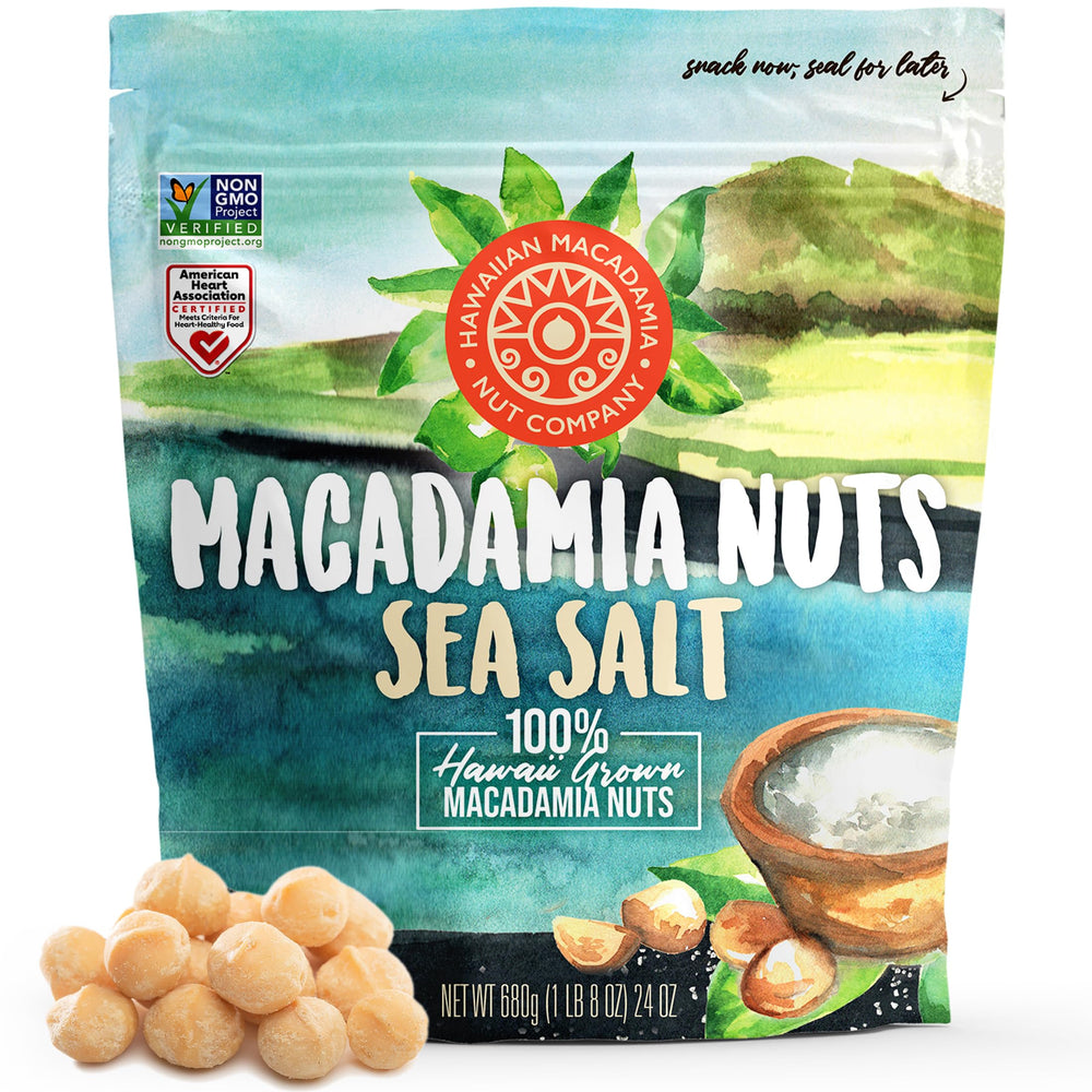 Hawaiian Macadamia Nut Company frente del paquete muestra tamaño y marca