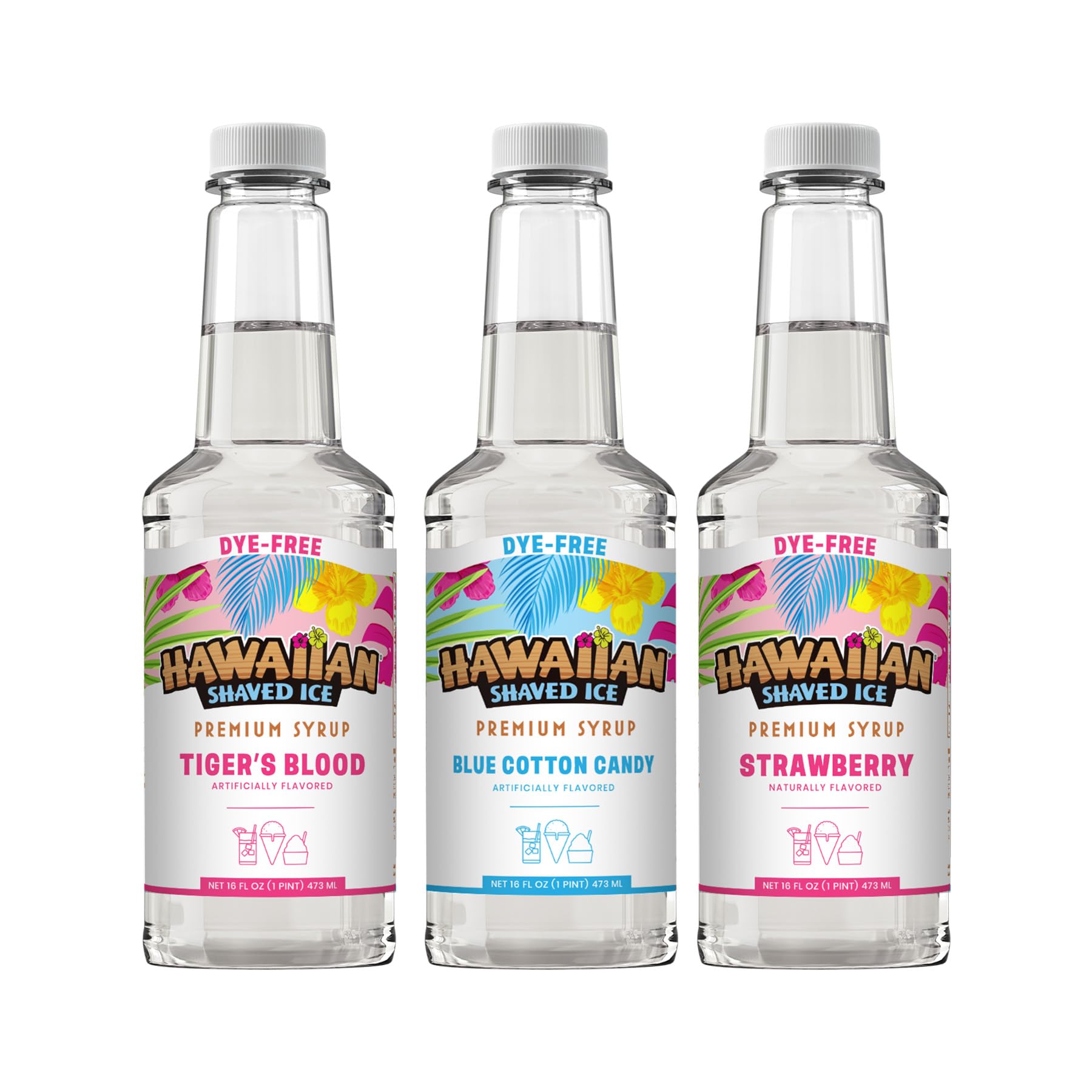Hawaiian Shaved Ice frontal del pack mostrando tres botellas sin colorantes y fácil identificación