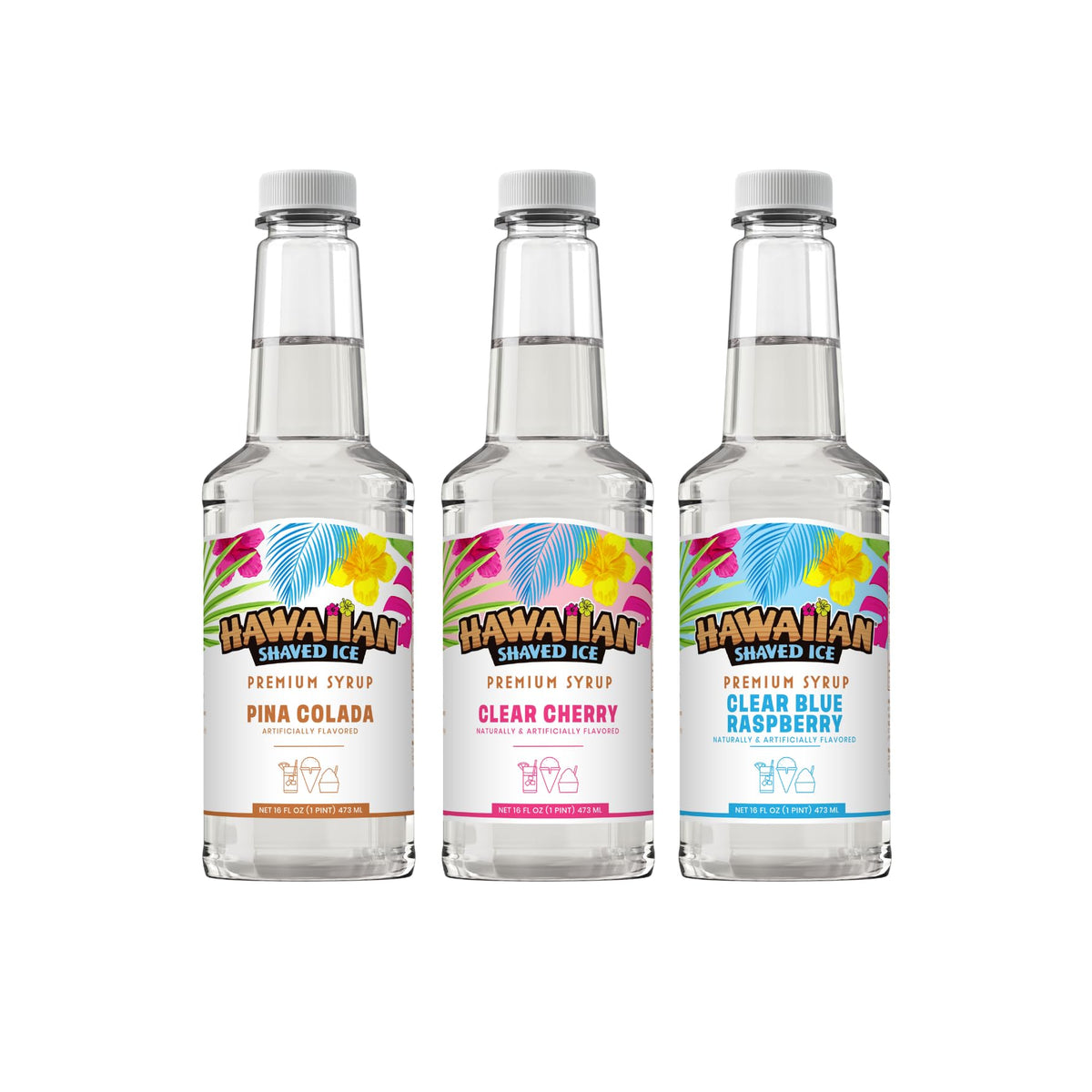 Hawaiian Shaved Ice pack frontal que muestra las tres botellas y conveniencia