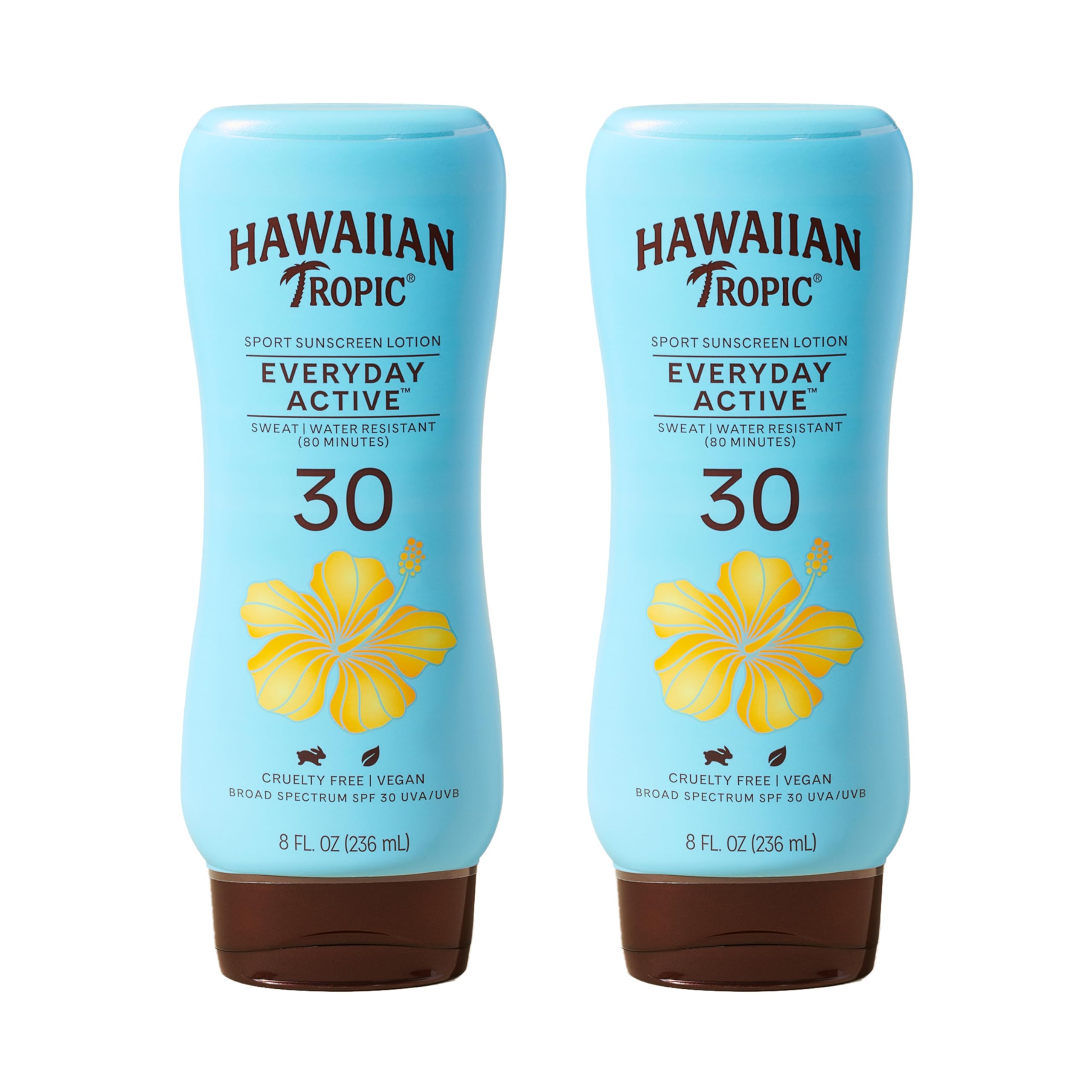 Hawaiian Tropic frente del envase doble mostrando tamaño y SPF 30 para actividades