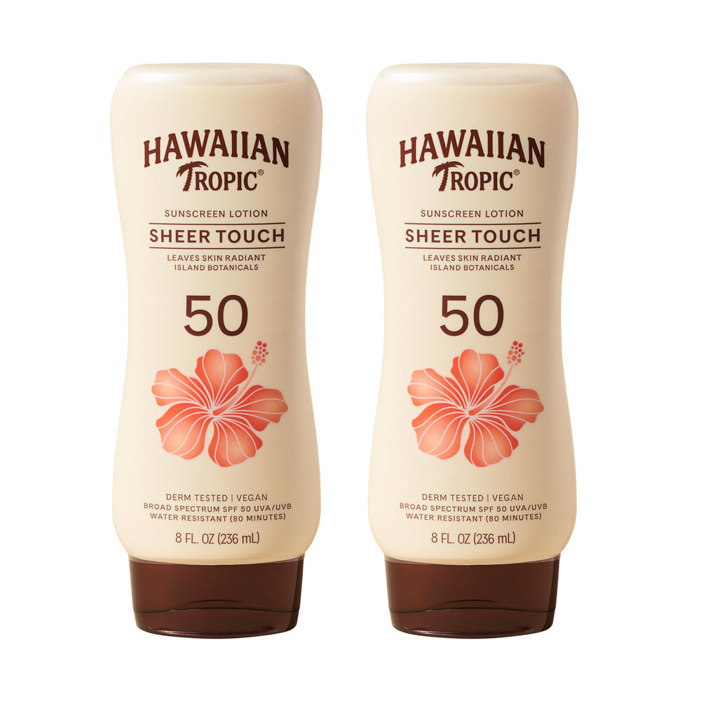Hawaiian Tropic envase frontal mostrando SPF50 y acabado luminoso