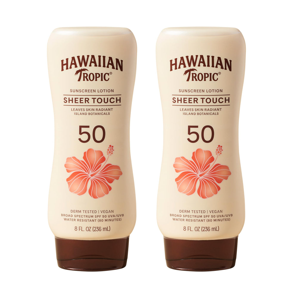 Hawaiian Tropic envase frontal mostrando SPF50 y acabado luminoso